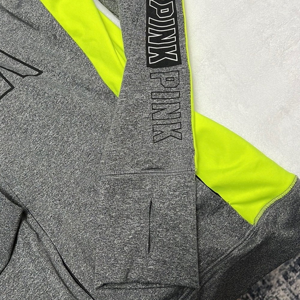 PINK Victoria Secret S Ultimate Hoodie Gray Neon Thumb Hole Pocket - Picture 3 of 4